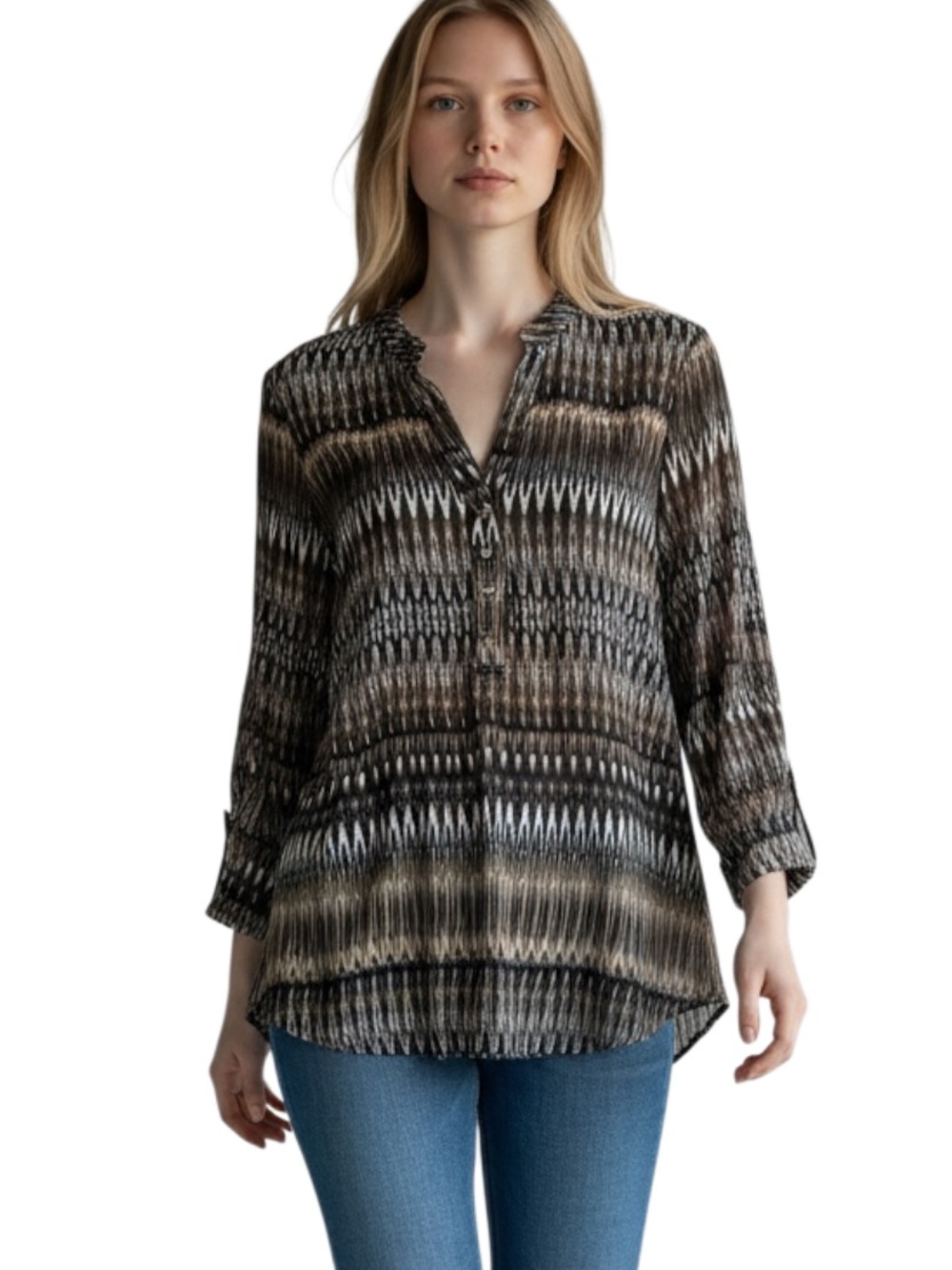 Cocomo Ikat-Pattern Button-Front Tunic in Black and Brown